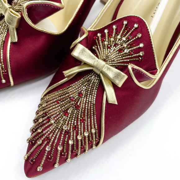 Sarah Flint Perfect Madeleine 85 Pumps Red Pointed Gold Bow Beaded Sz 41 / 10 US - Picture 5 of 11